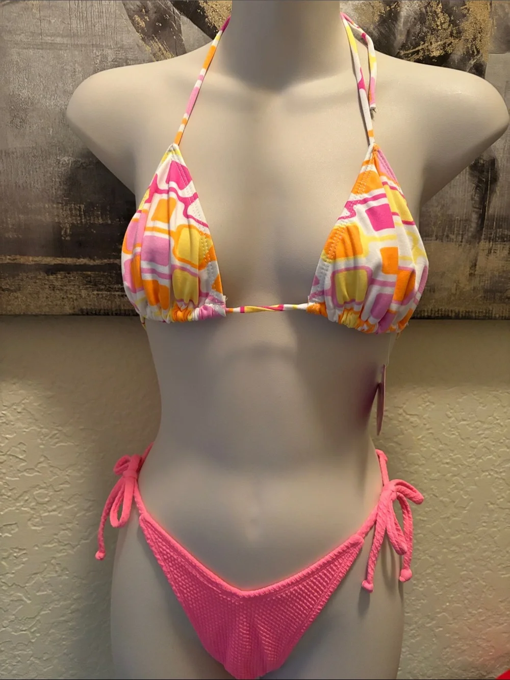 Women’s Pink Geo Print Triangle Bikini Set